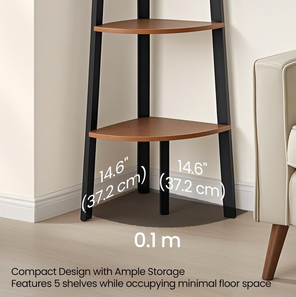 Corner Shelf - 5-Tier Ladder Design - Rustic Brown Finish