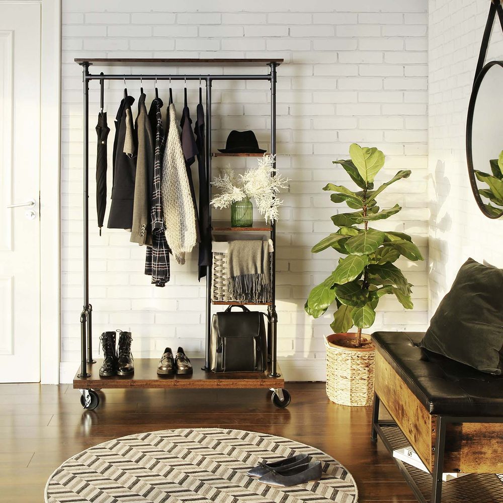 Clothing Rack - Mobile Design on Wheels - Rustic Brown Finish