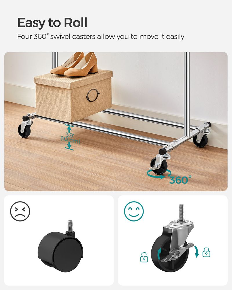 Clothes Rack - Mobile Design on Wheels - Silver Finish