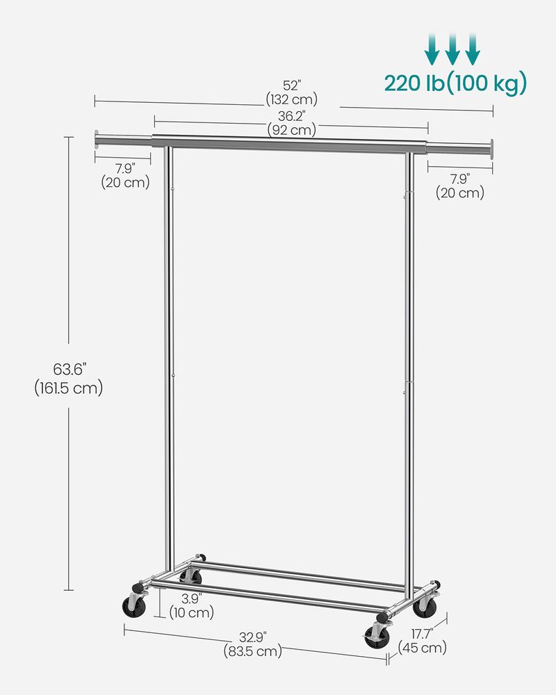Clothes Rack - Mobile Design on Wheels - Silver Finish