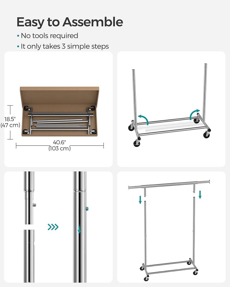 Clothes Rack - Mobile Design on Wheels - Silver Finish