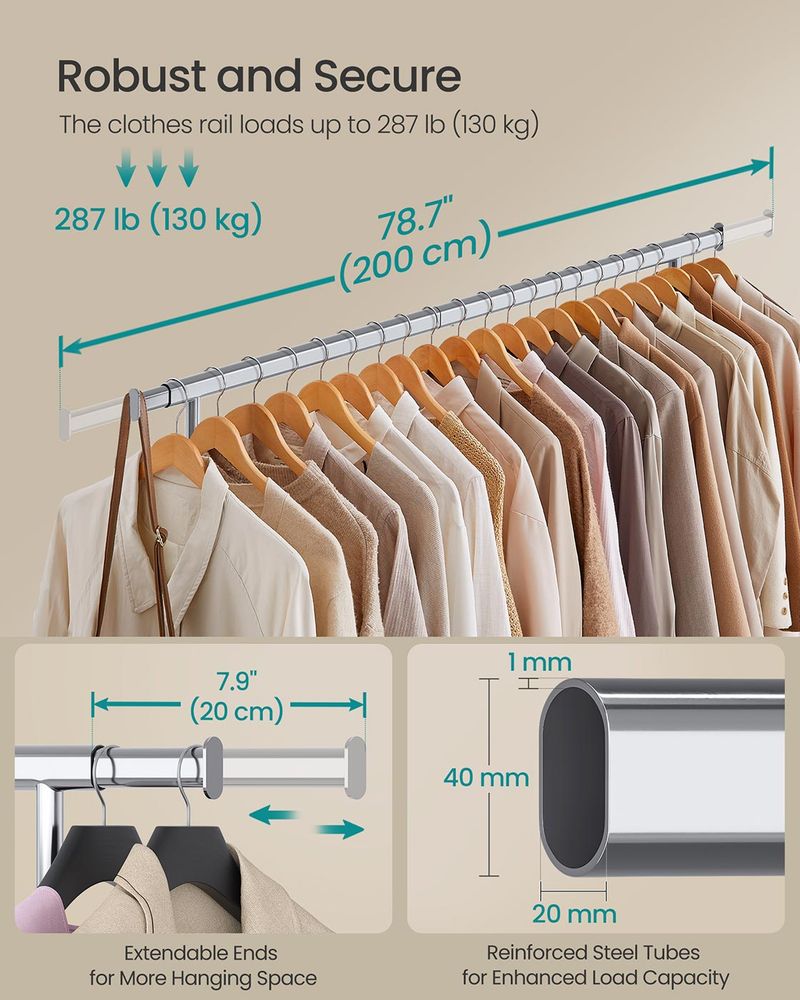Clothes Rack - Mobile Design on Wheels - Silver Finish
