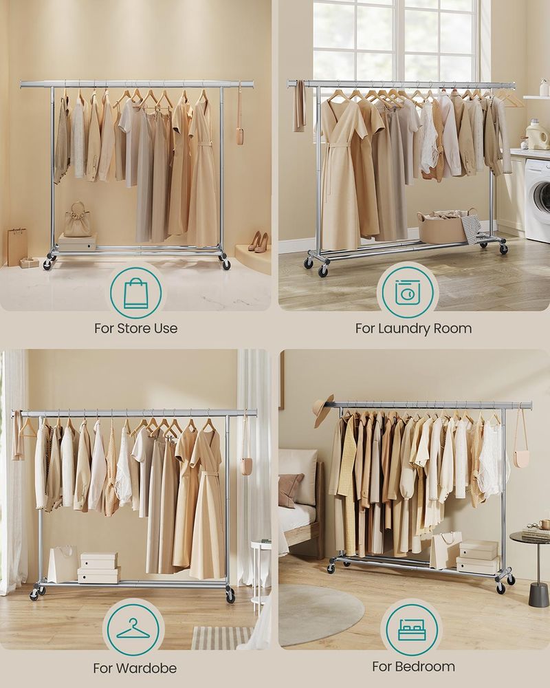 Clothes Rack - Mobile Design on Wheels - Silver Finish
