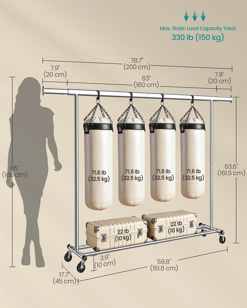 Clothes Rack - Mobile Design on Wheels - Silver Finish