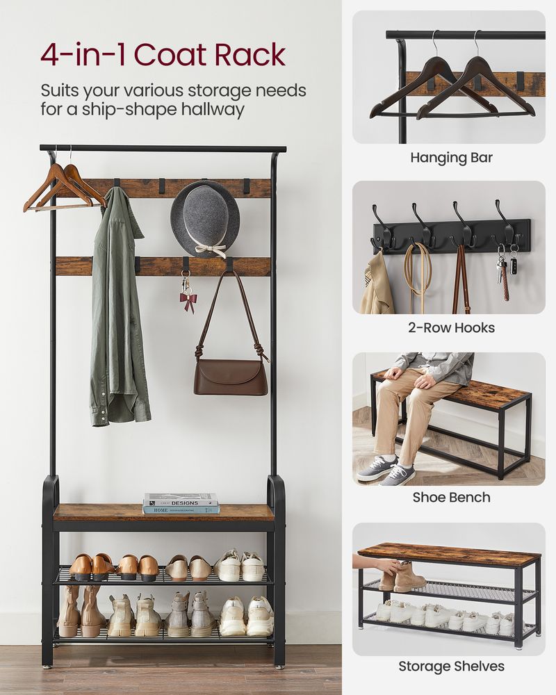 Coat Rack - Freestanding Industrial Design - 183cm Rustic Brown & Black