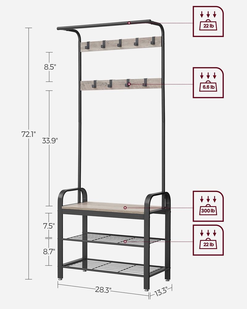 Coat Rack - Coat and Shoe Rack Storage Unit - 9 Removable Hook Design