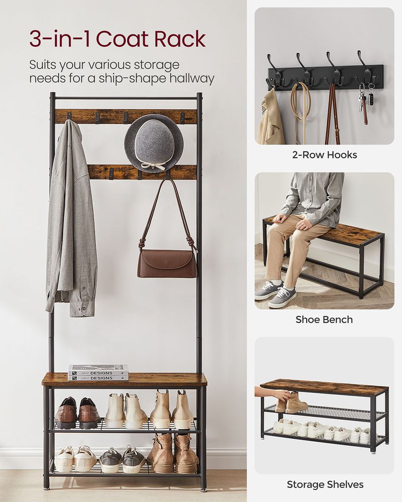 Coat Rack - Integrated Shoe Bench Storage - Freestanding Unit