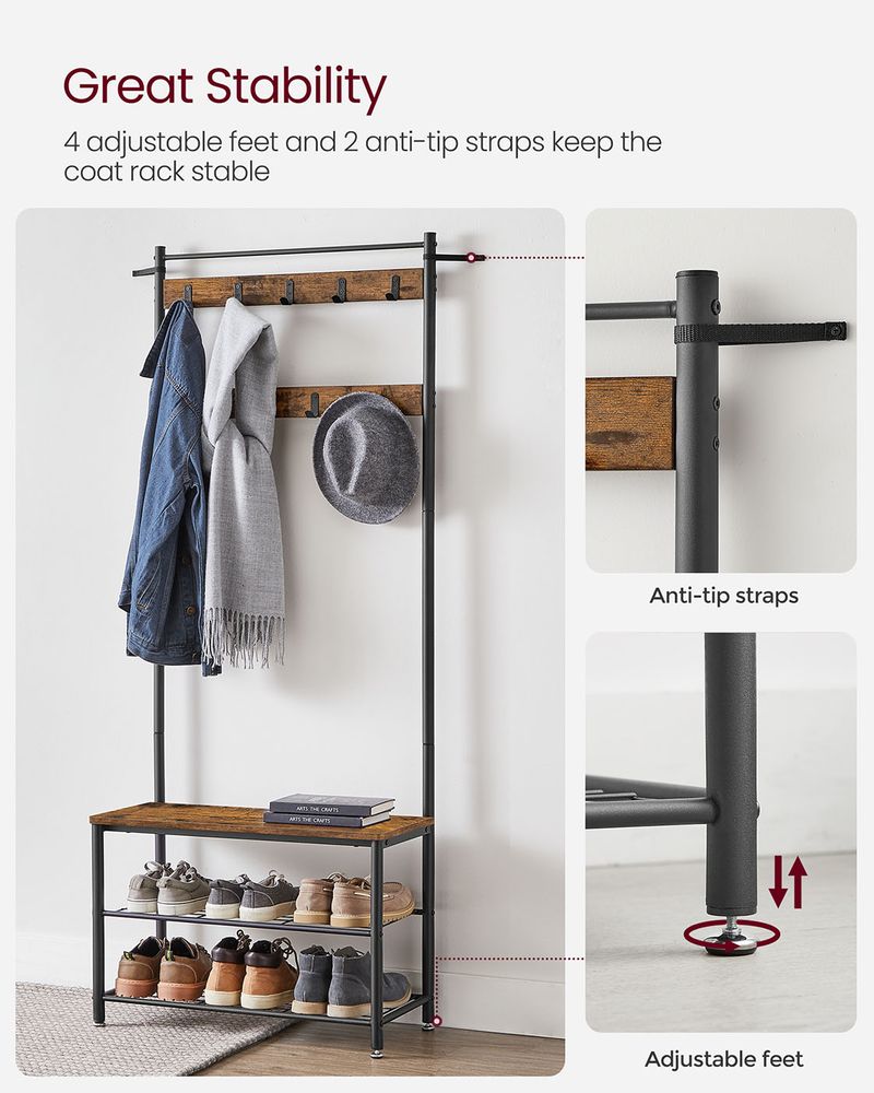 Coat Rack - Integrated Shoe Bench Storage - Freestanding Unit