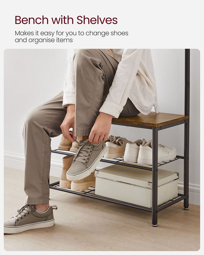 Coat Rack - Integrated Shoe Bench Storage - Freestanding Unit