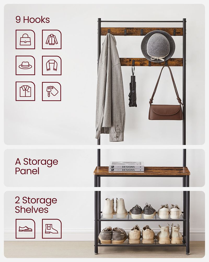 Coat Rack - Integrated Shoe Bench Storage - Freestanding Unit