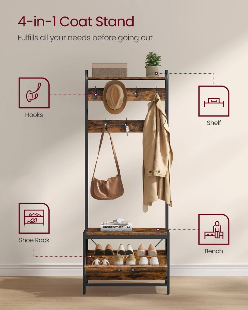 Coat Rack - Integrated Shoe Storage - Rustic Brown Unit