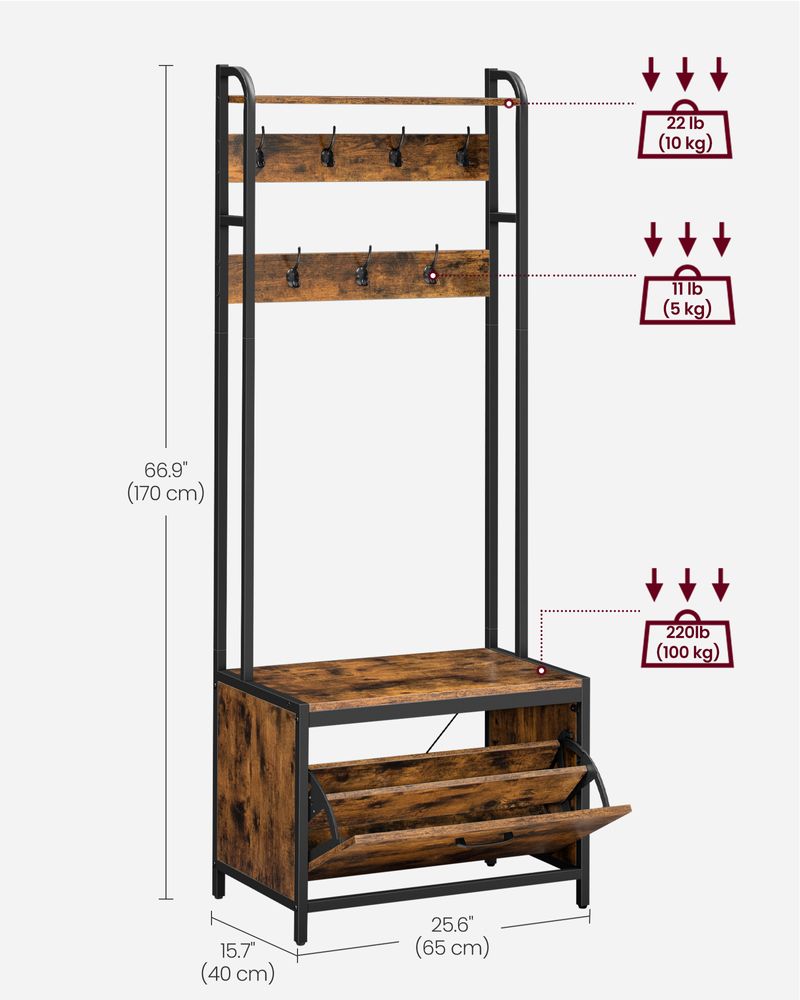 Coat Rack - Integrated Shoe Storage - Rustic Brown Unit