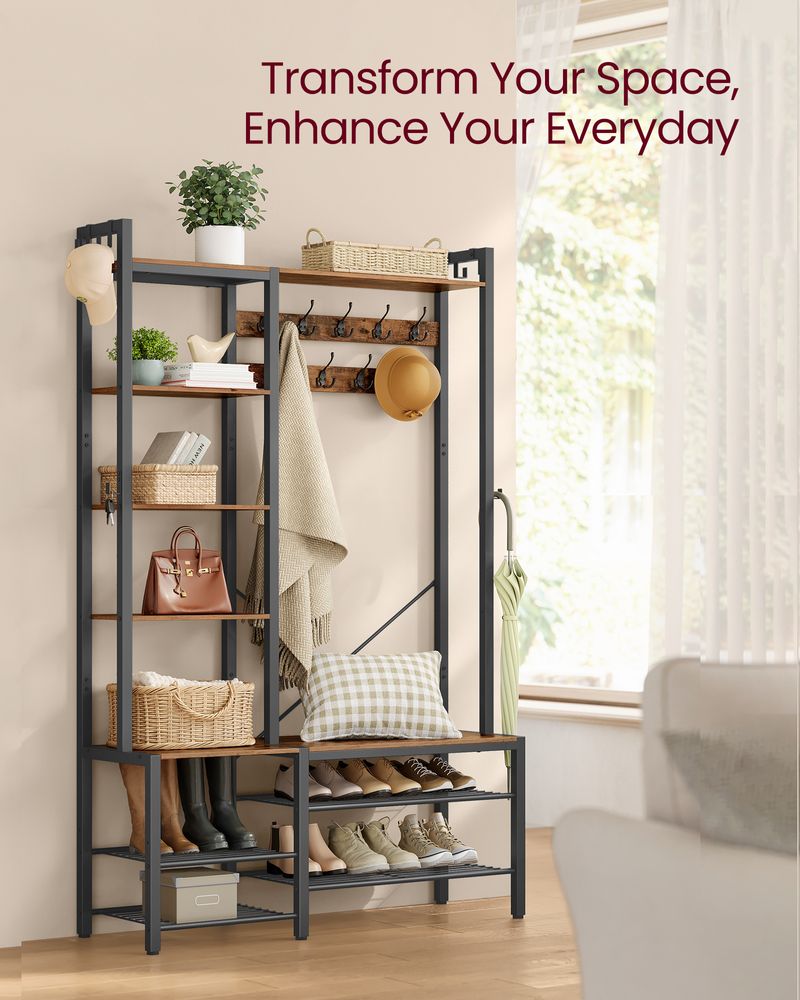 Coat Rack - Shoe Bench Unit - 9 Hook Storage Design