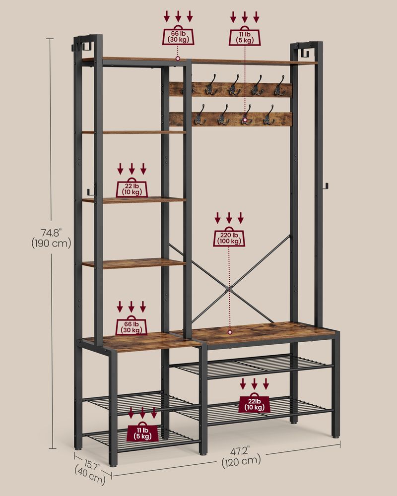 Coat Rack - Shoe Bench Unit - 9 Hook Storage Design