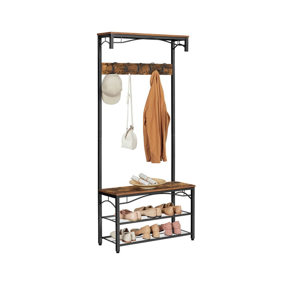Coat Rack - Hat & Coat Stand with Bench - Rustic Brown Finish