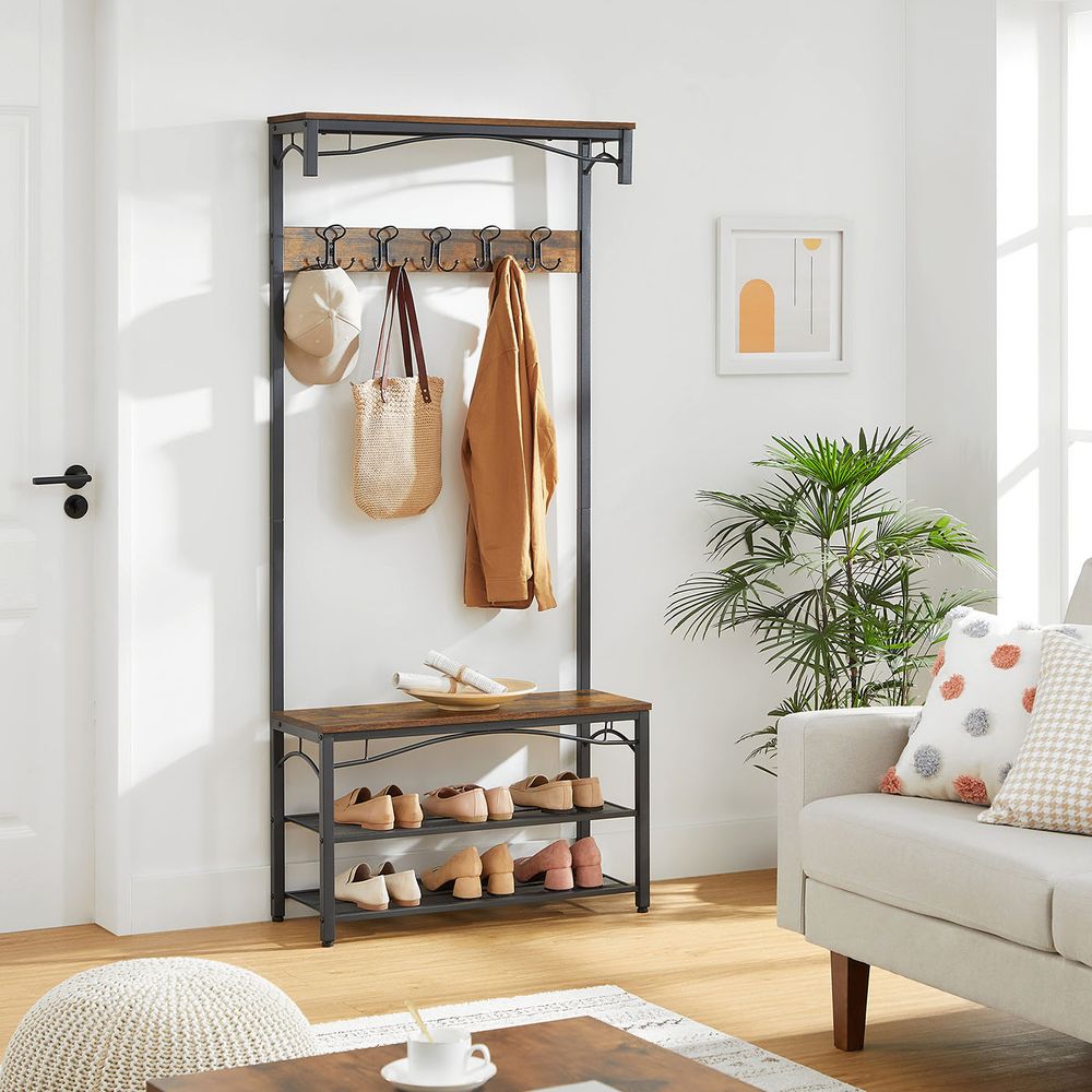 Coat Rack - Hat & Coat Stand with Bench - Rustic Brown Finish