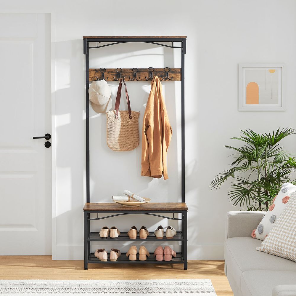 Coat Rack - Hat & Coat Stand with Bench - Rustic Brown Finish