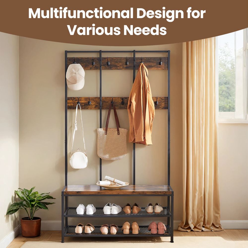 Coat Rack - Bench with Shoe Storage - Rustic Brown Unit
