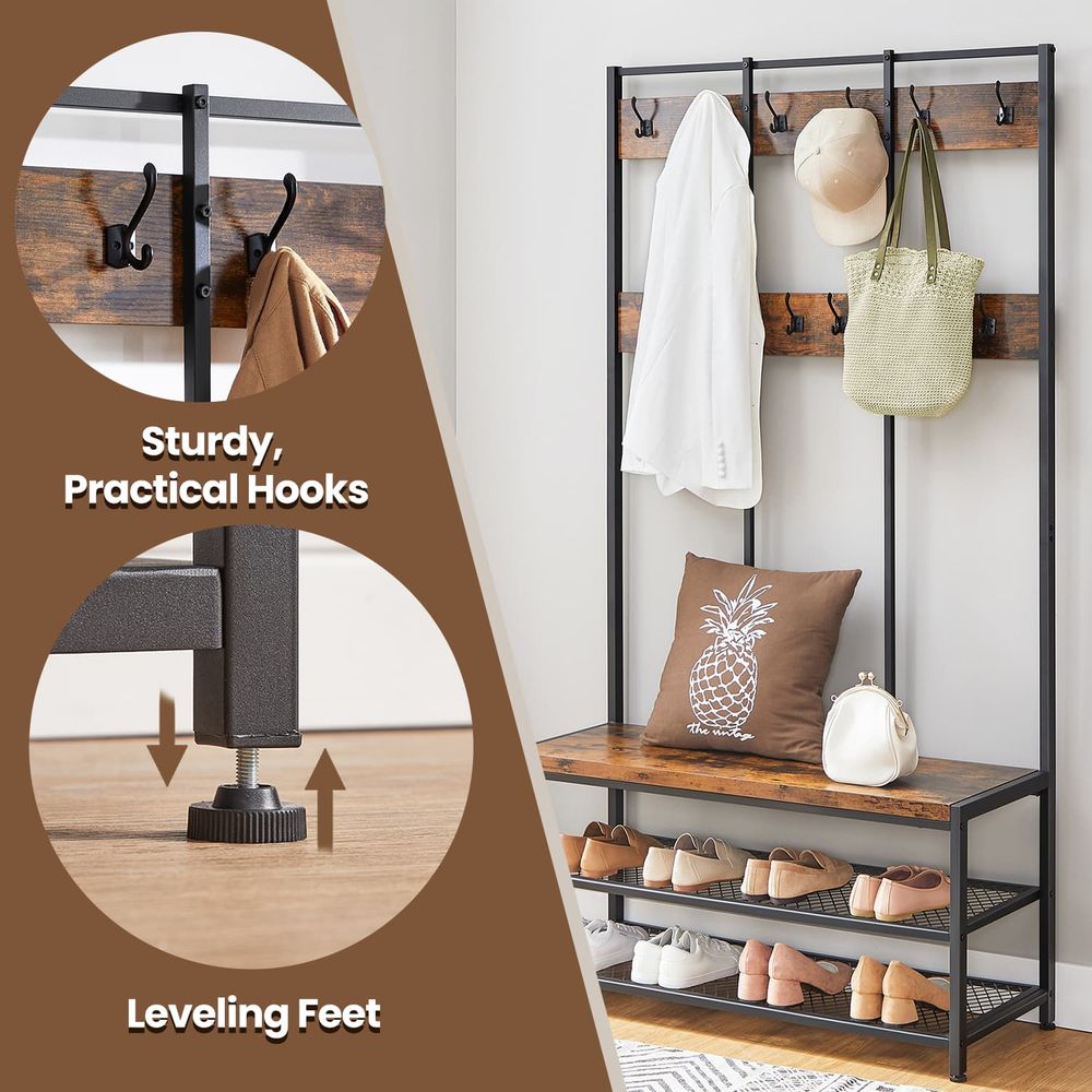 Coat Rack - Bench with Shoe Storage - Rustic Brown Unit