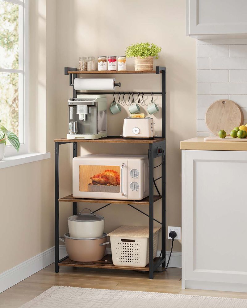 Kitchen Bakers Rack - Built-In Power Outlet Design - Freestanding Kitchen Storage Unit
