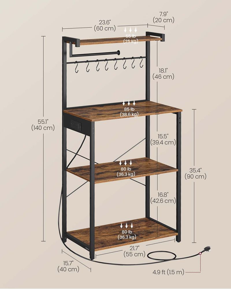 Kitchen Bakers Rack - Built-In Power Outlet Design - Freestanding Kitchen Storage Unit