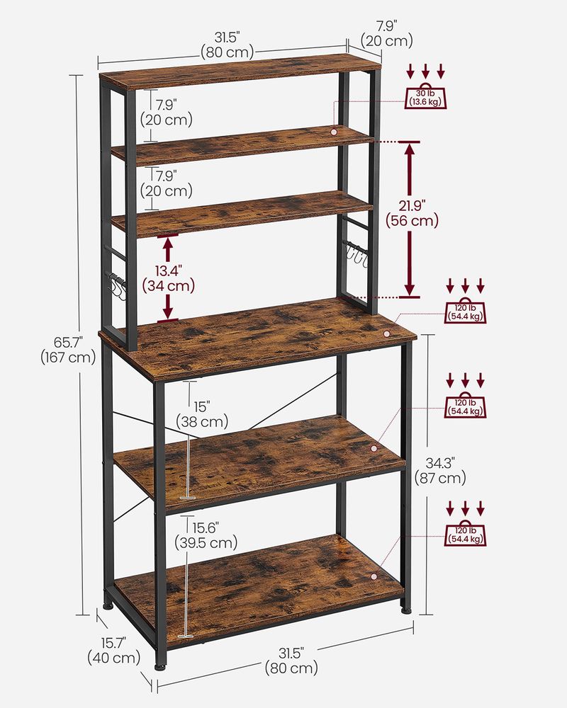 Kitchen Storage Rack - Freestanding Organiser Design - 6 Shelves and 6 Hooks Unit