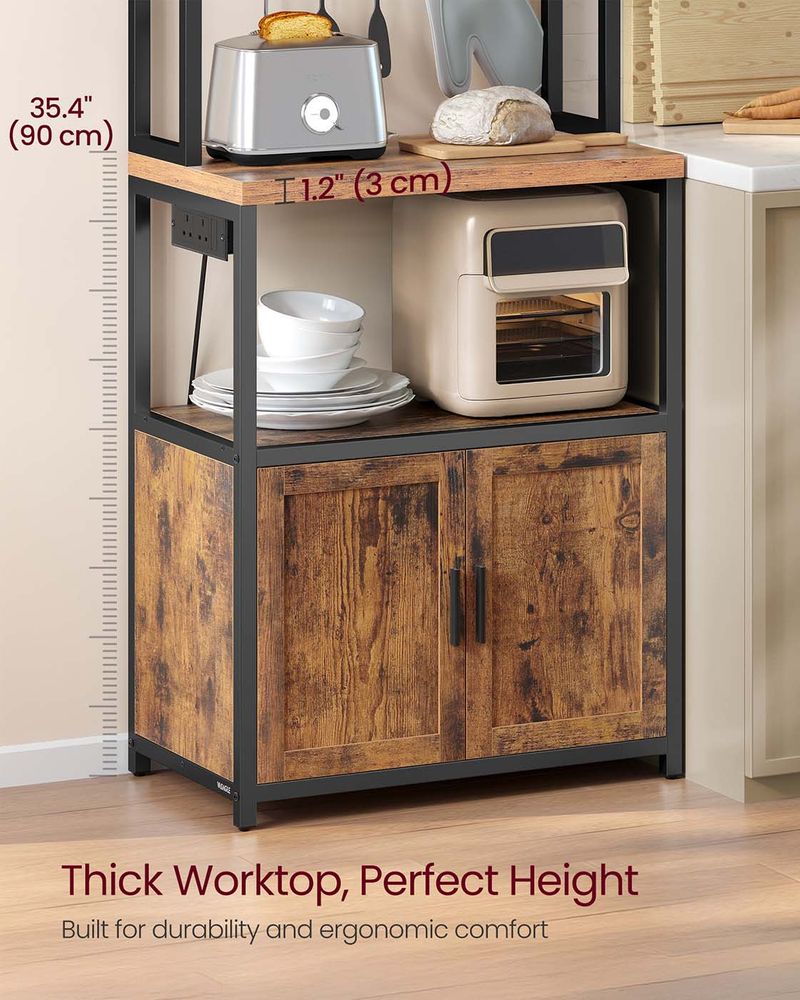 Kitchen Bakers Rack - Built-In Power Outlet Design - Brown Finish