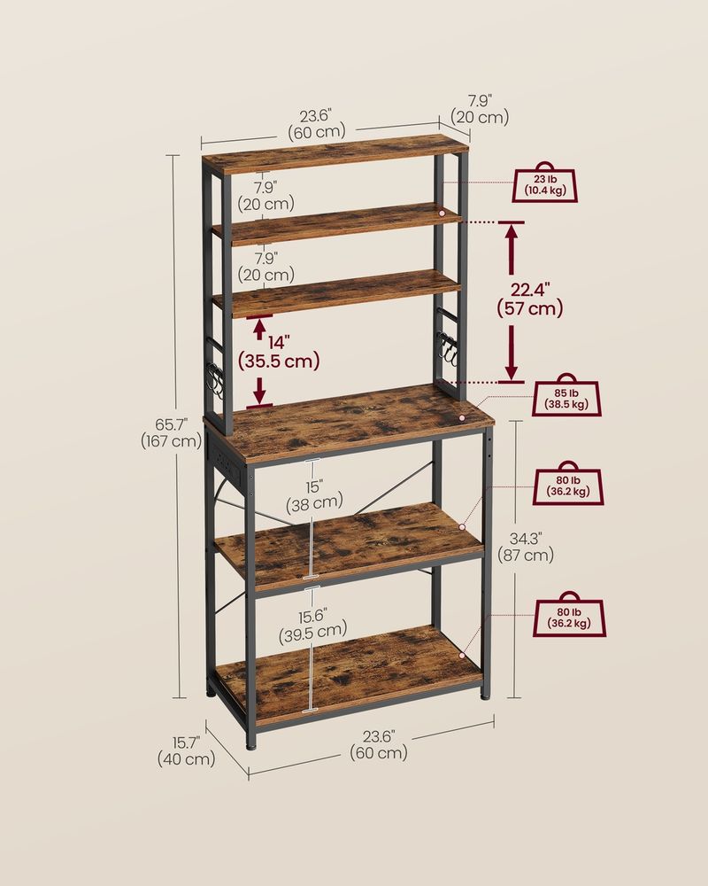 Bakers Rack - Built-In Power Outlet Design - Multi-Shelf Kitchen Storage Unit