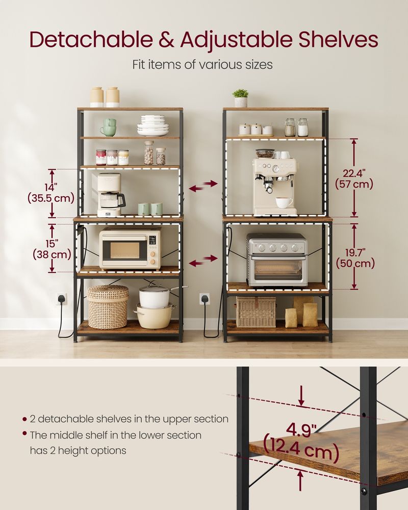 Bakers Rack - Built-In Power Outlet Design - Multi-Shelf Kitchen Storage Unit