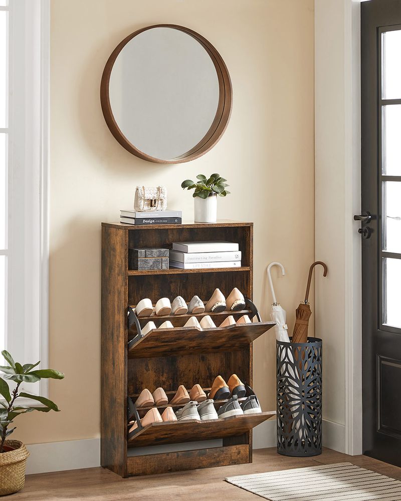 Shoe Cabinet - Adjustable Divider Storage - Rustic Brown