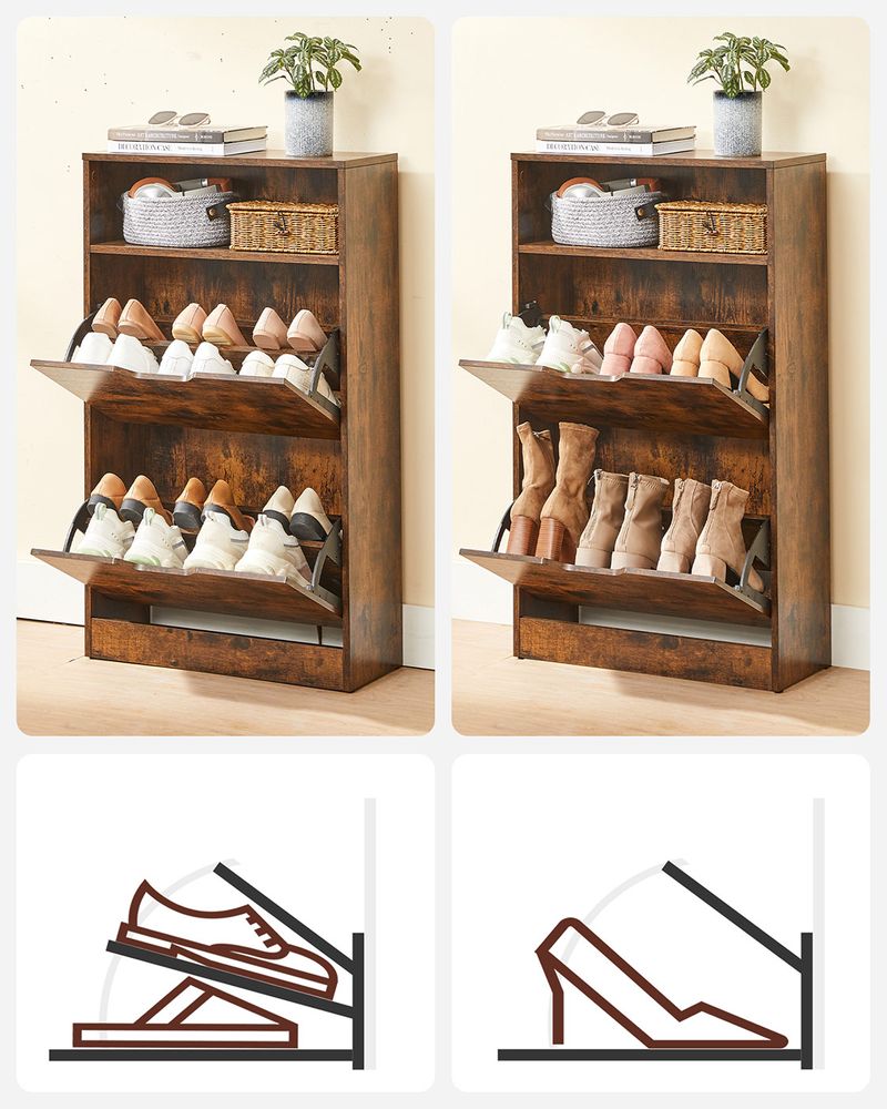 Shoe Cabinet - Adjustable Divider Storage - Rustic Brown