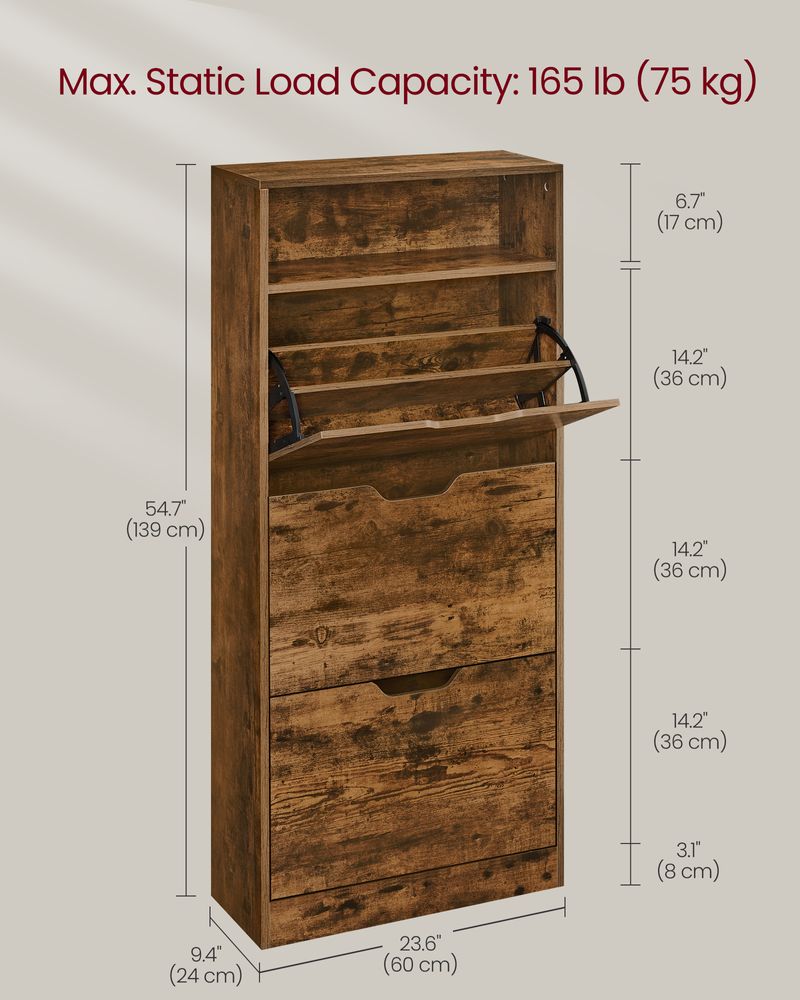 Shoe Cabinet - Adjustable Divider Storage - Rustic Brown