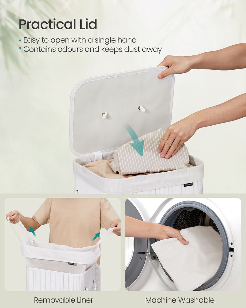 Laundry Hamper - Bamboo Design with Handles - 72L Capacity Cloud White
