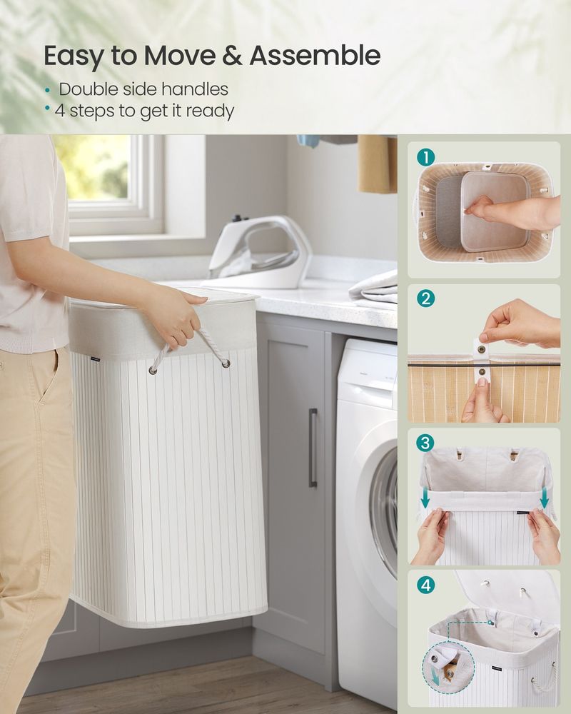 Laundry Hamper - Bamboo Design with Handles - 72L Capacity Cloud White