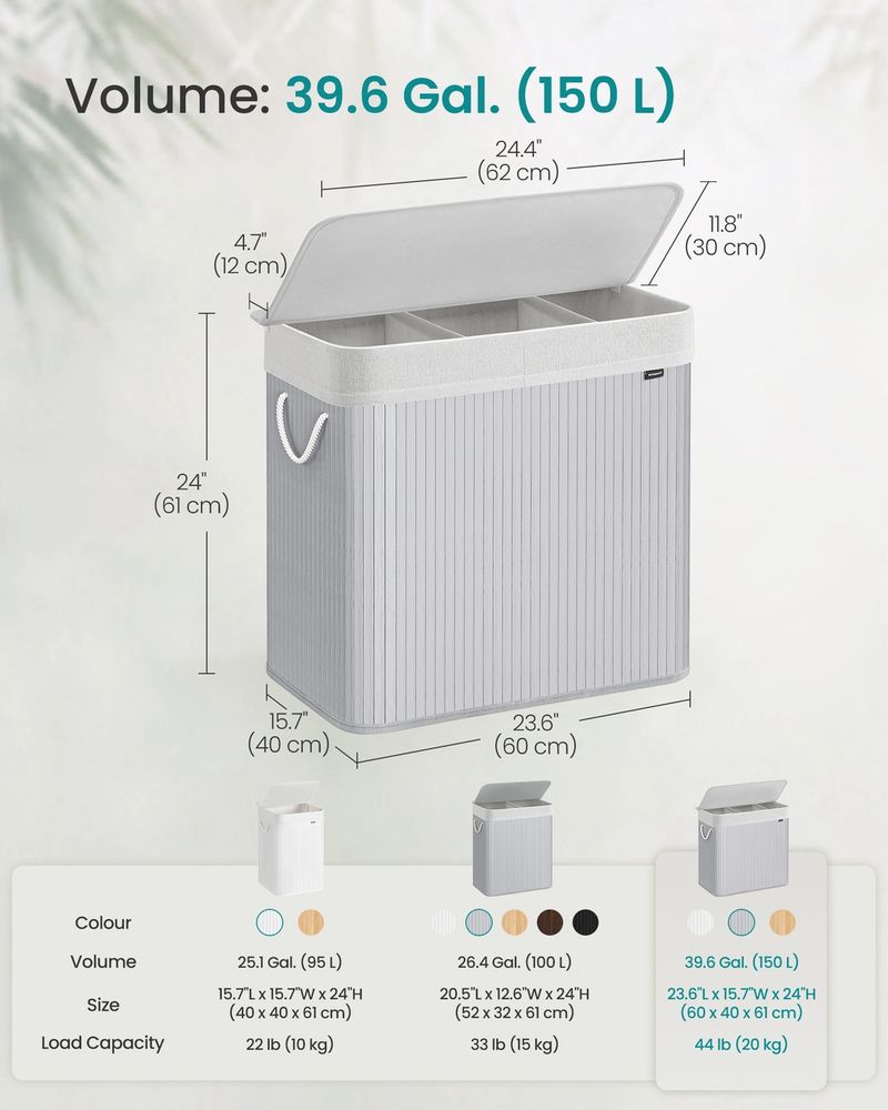 Laundry Hamper - 3 Section Sorting Design - 150L Capacity