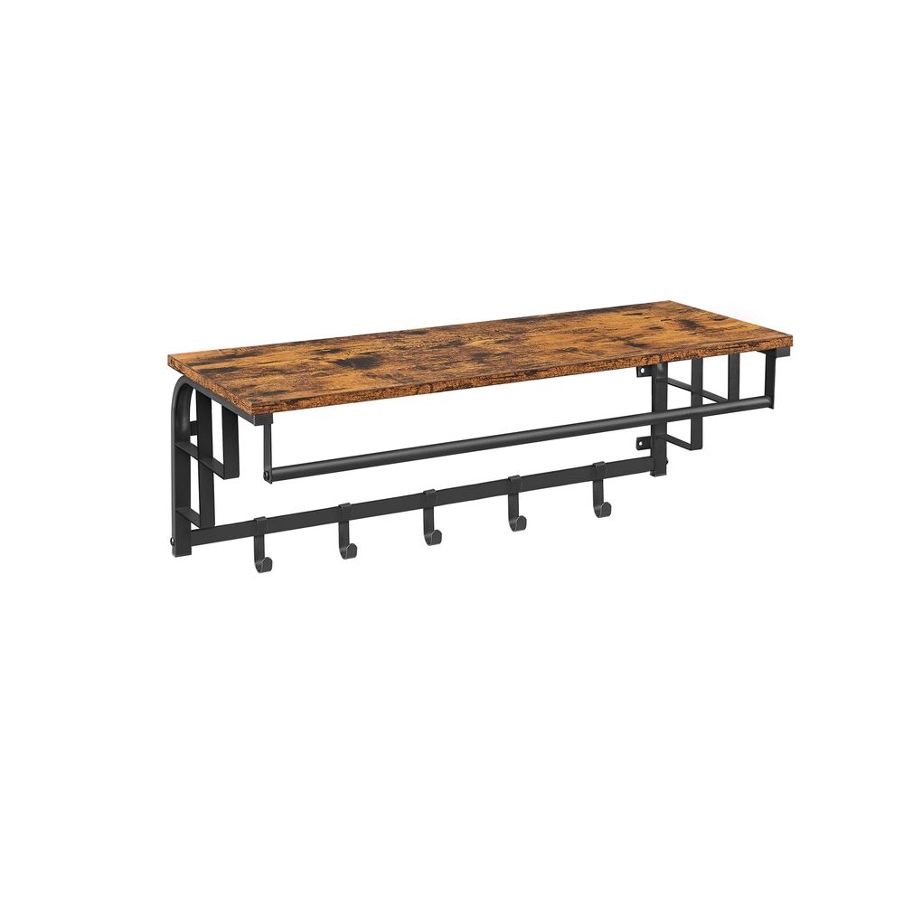 Coat Rack - Wall Mounted Rail with Removable Hooks - Rustic Brown 5 Hook Unit