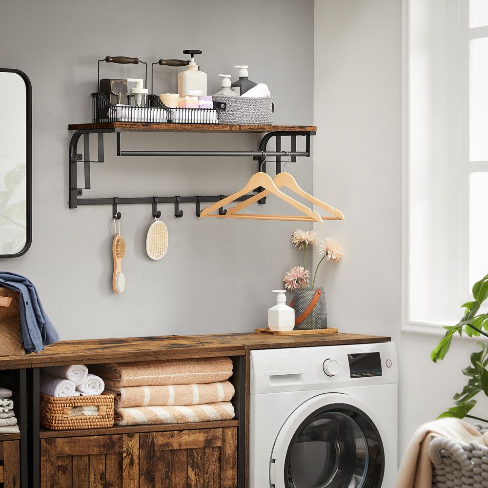 Coat Rack - Wall Mounted Rail with Removable Hooks - Rustic Brown 5 Hook Unit