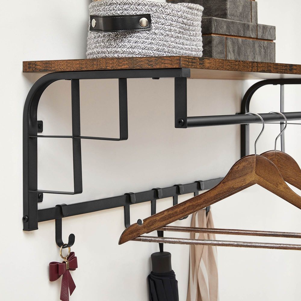 Coat Rack - Wall Mounted Rail with Removable Hooks - Rustic Brown 5 Hook Unit
