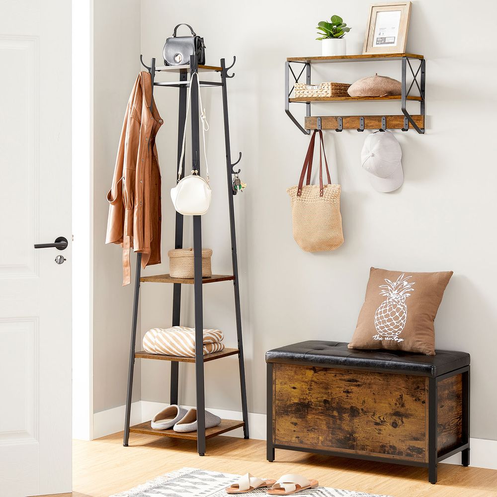 Coat Stand - Industrial Freestanding Design - Rustic Brown Finish Unit