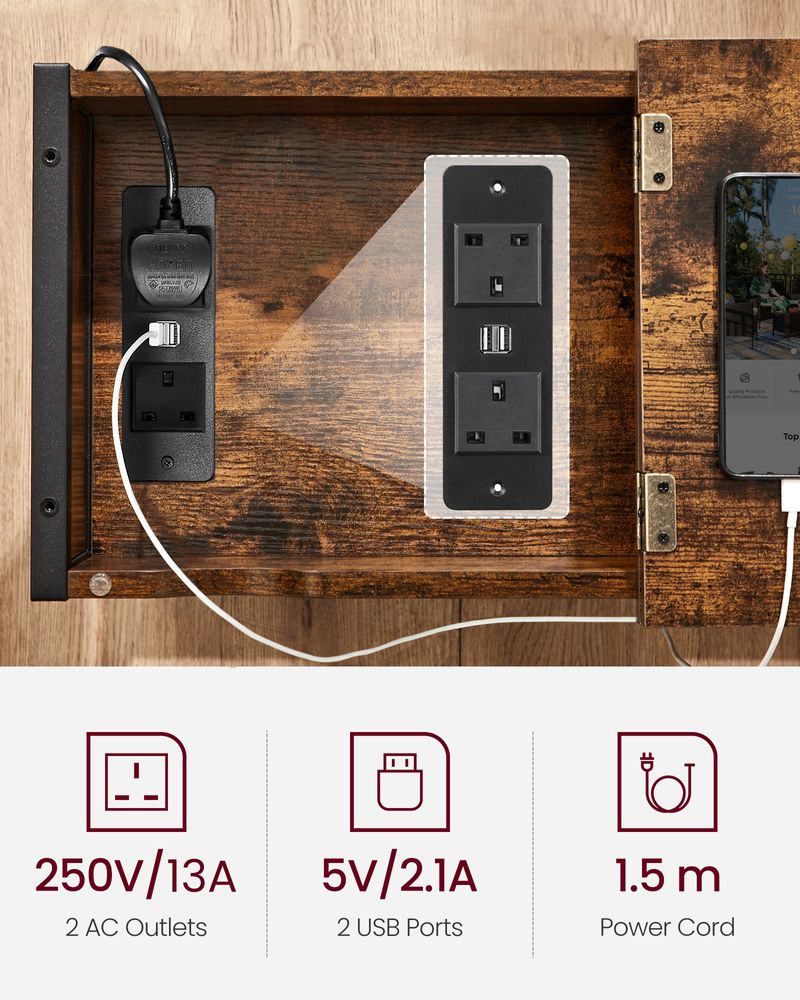 Side Table - Built-in Charging Station - Slim Design