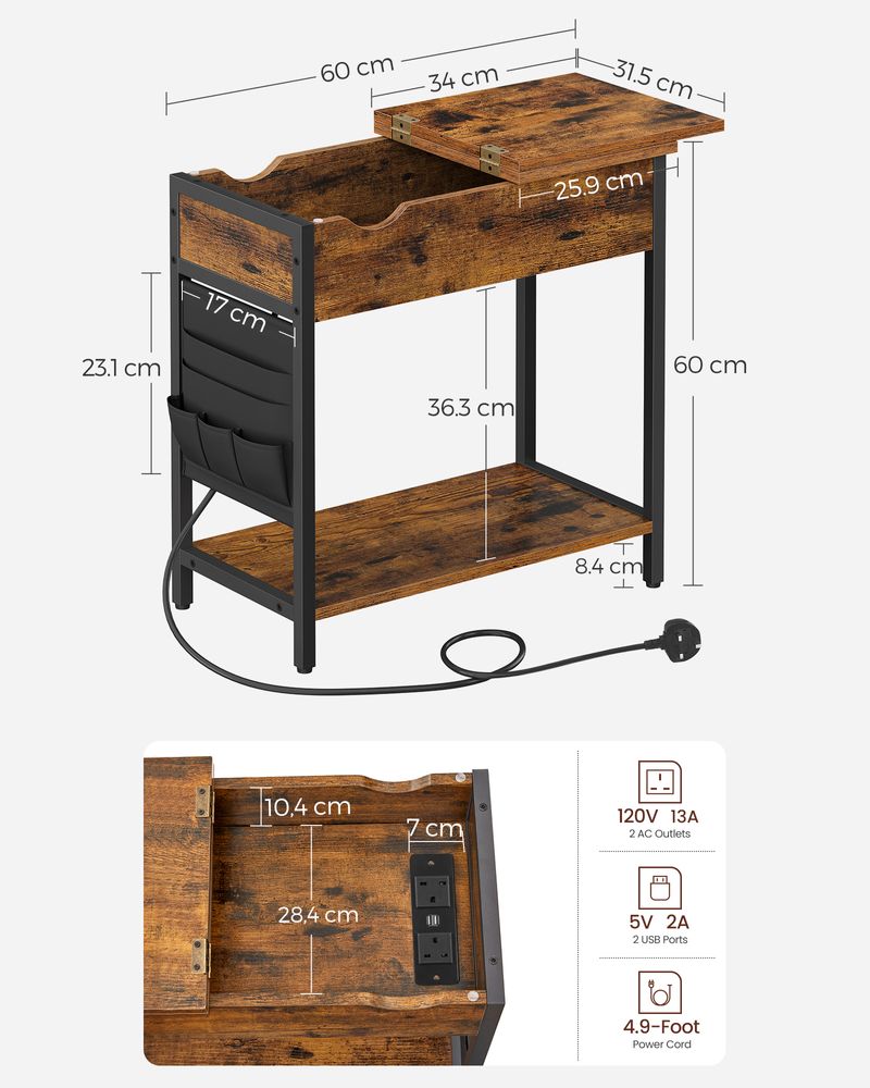 Side Table - Built-in Charging Station - Slim Design