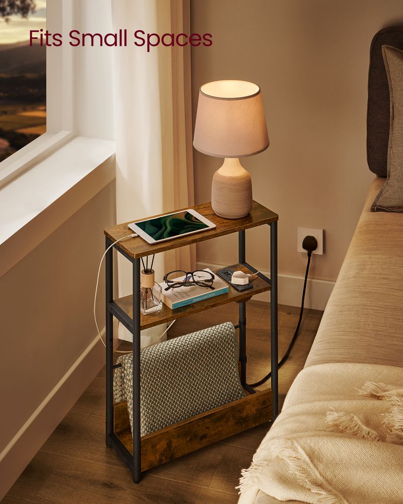 Side Table - Integrated Charging Station Design - Slim Storage Unit 3-Tier
