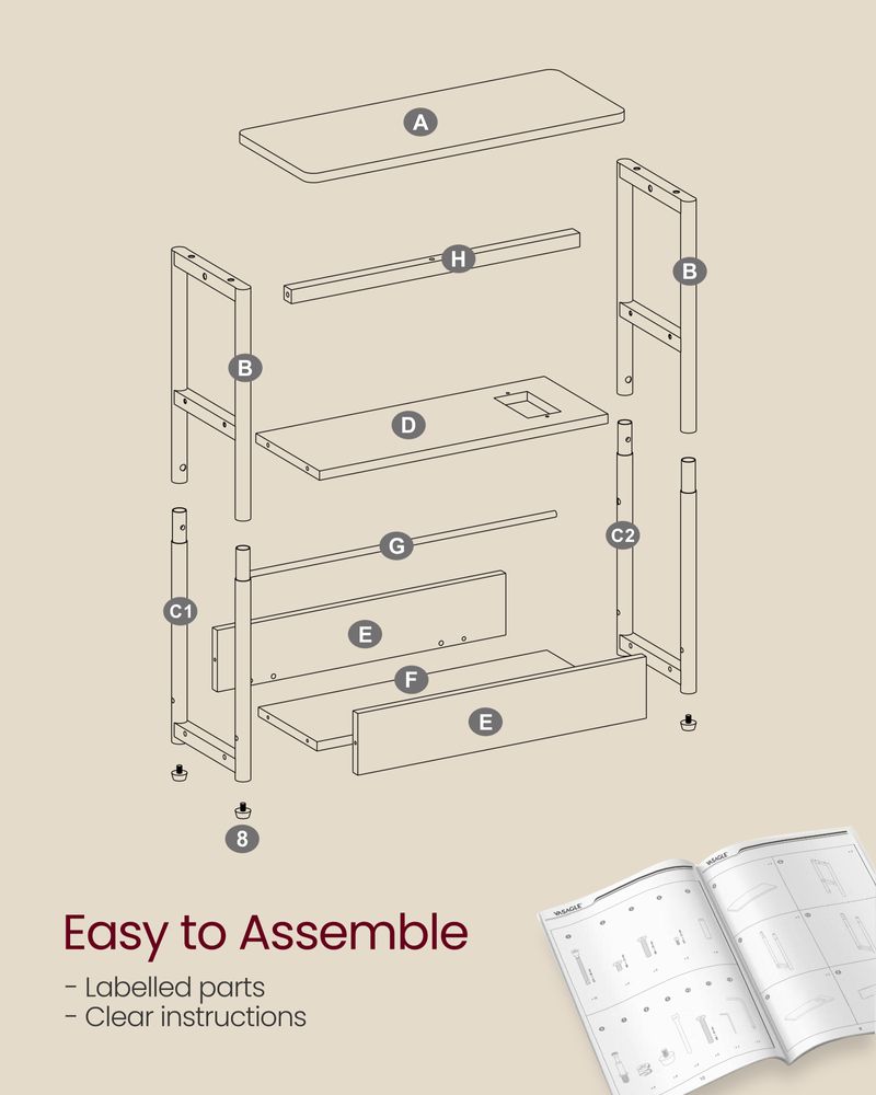 Side Table - Integrated Charging Station Design - Slim Storage Unit 3-Tier