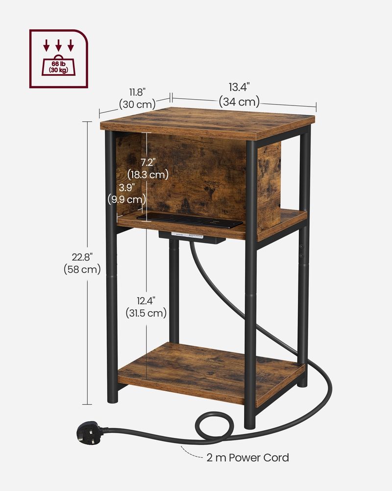 Side Table - Built-in Charging Station - 30 x 34 x 58 cm