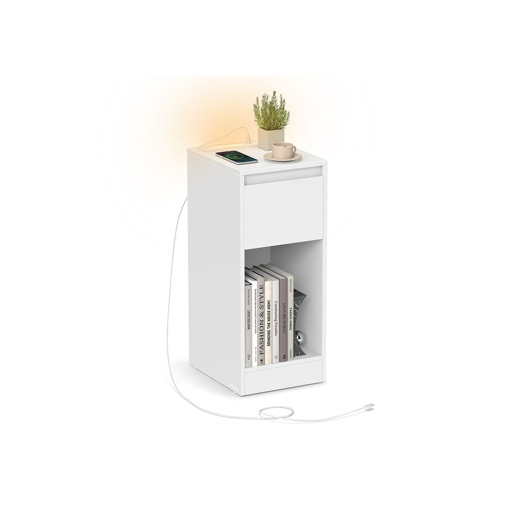 Bedside Table - Integrated Charging Station with LED Light - Slim Storage Drawer Design