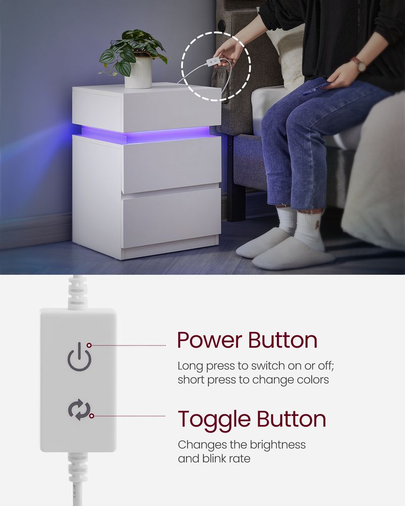 Bedside Table - LED Lighting Storage Design - 3 Drawers Unit