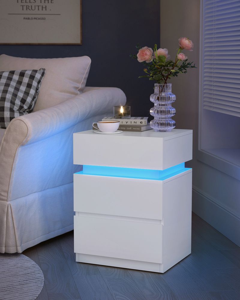 Bedside Table - LED Lighting Storage Design - 3 Drawers Unit