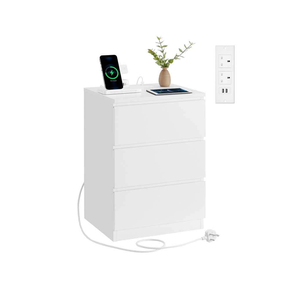 Bedside Table - Integrated Power Strip Design - 3 Drawers Storage Unit