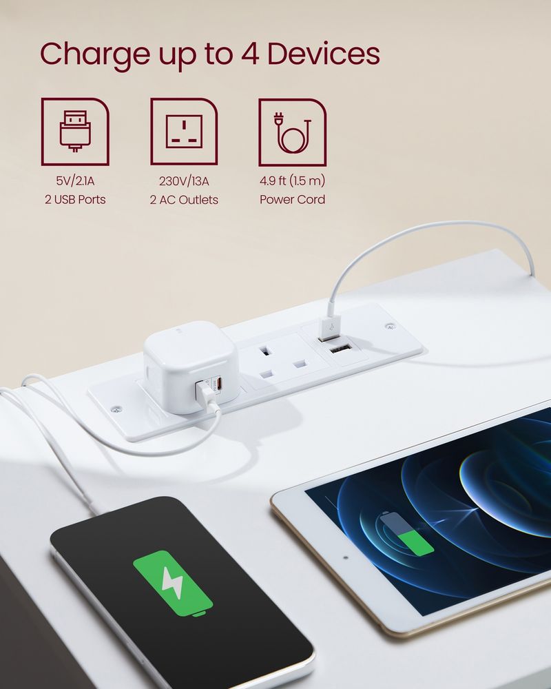 Bedside Table - Integrated Power Strip Design - 3 Drawers Storage Unit