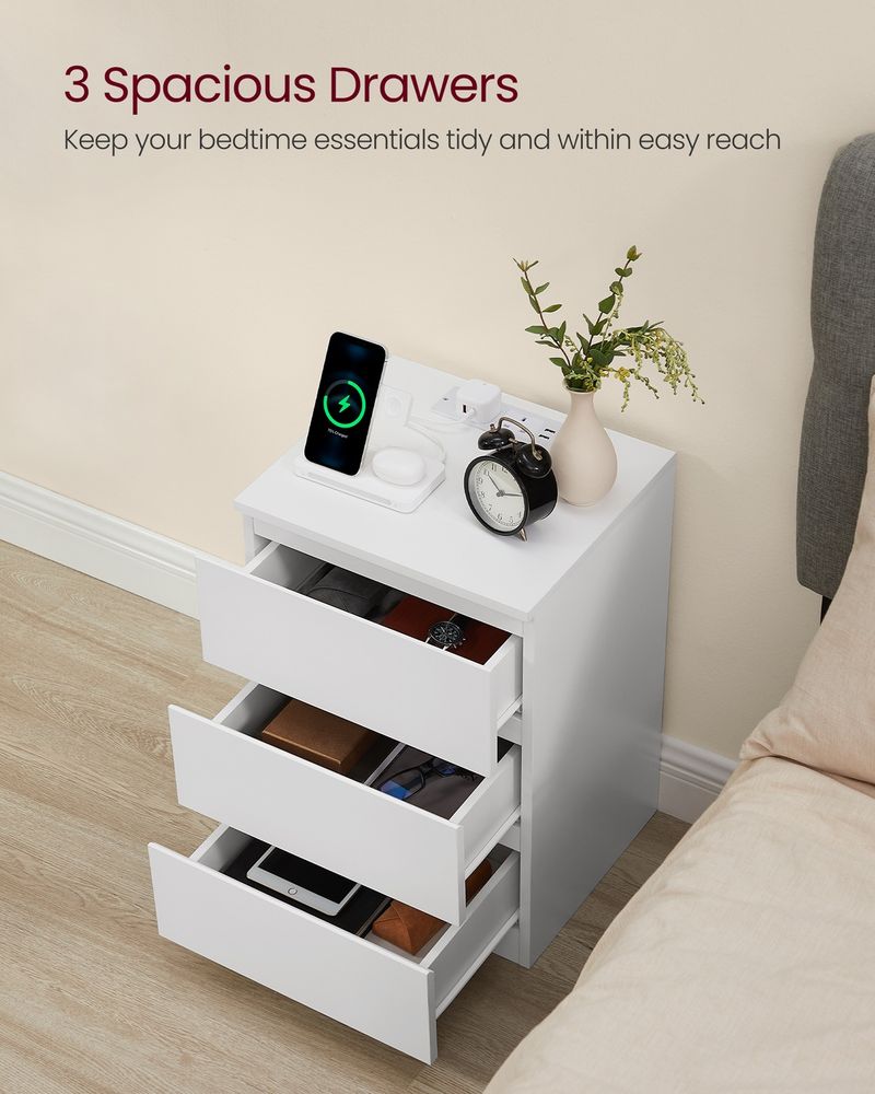 Bedside Table - Integrated Power Strip Design - 3 Drawers Storage Unit